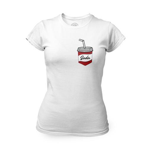 T-Shirt Femme Col Rond Poche Surprise Soda Boisson Sucre Film Dessin on Productcaster.