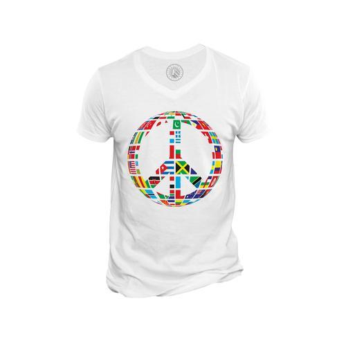 T-Shirt Homme Col V Signe Paix Drapeaux Du Monde Hippie Couleurs on Productcaster.