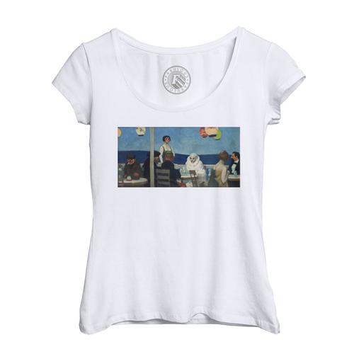 T-Shirt Femme Col Echancré Soir Bleu Mime Clown Edward Hopper Peint... on Productcaster.