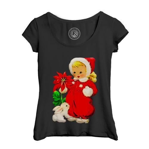 T-Shirt Femme Col Echancré Enfant De Noel Lapin Mignon Vintage Retr... on Productcaster.