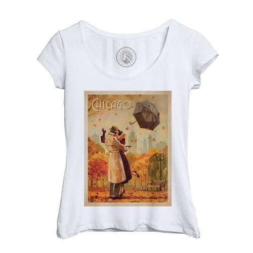 T-Shirt Femme Col Echancré Chicago Usa Affiche Poster Vintage Touri... on Productcaster.