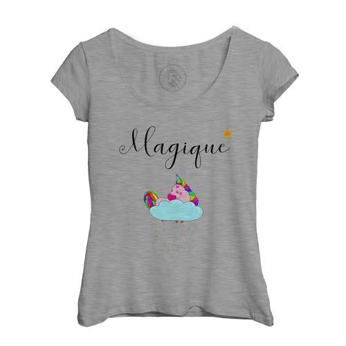 T-Shirt Femme Col Echancré Magique Avec Licorne Rose Et Arc-En-Ciel... on Productcaster.