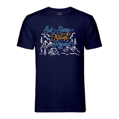 T-Shirt Homme Col Rond Eat Sleep Travel Repeat Voyage Camping Nature on Productcaster.