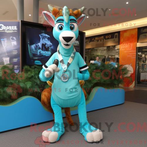 Costume Mascotte Redbrokoly De Gazelle Turquoise Habillé D Une Chem... on Productcaster.