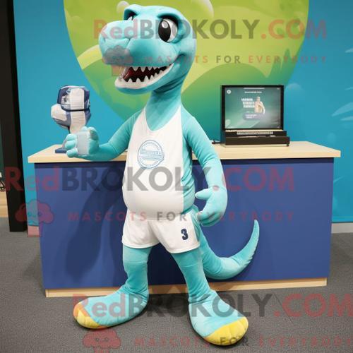 Costume De Mascotte Redbrokoly De Brachiosaure Cyan Habillé D Un Sh... on Productcaster.