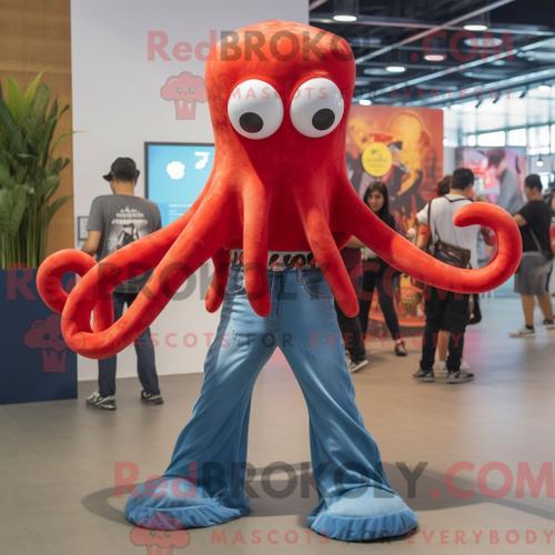 Costume Mascotte Redbrokoly De Poulpe Rouge Habillé D Un Jean Bootc... on Productcaster.