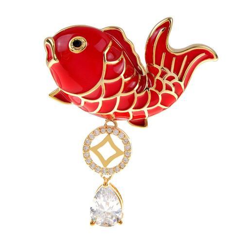 Broche De Carpe Rouge Feng Chinois, Broche En Zircon, Conception De... on Productcaster.