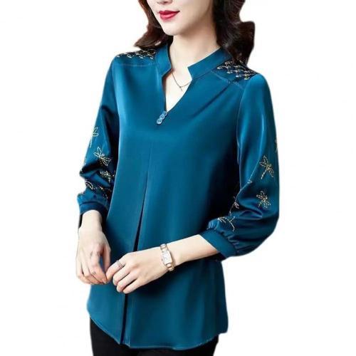 Haut En Satin Pour Femmes, Couleur Unie, Broderie Rétro, Blouse Xxx... on Productcaster.