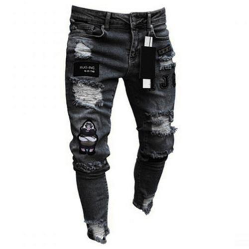 Hommes Jeans Genou Trou Déchiré Commandé Skinny Denim Pantalon Soli... on Productcaster.