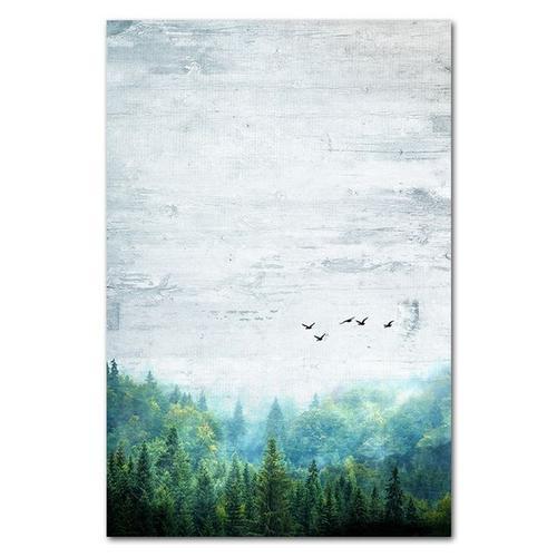 Toile rétro de paysage de forêt d'oiseaux brumeux,peinture scandina... on Productcaster.