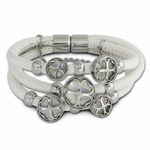 Amello Bracelet Trèfle Blanc Argent Femme Cuir Acier Inoxydable Nac... on Productcaster.