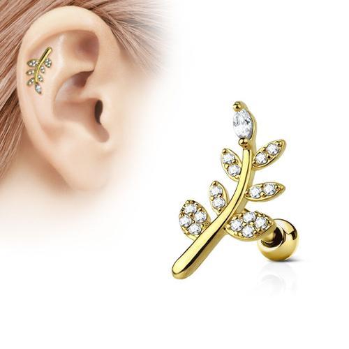 Piercing Oreille Cartilage Plaqué Or Feuille Pavée De Strass on Productcaster.