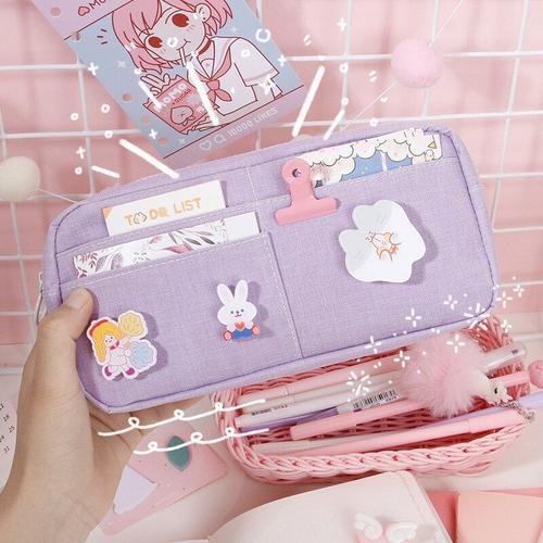 1pc Cute Pencil Bag With Cartoon Badge High Capacity Fabric Pencil ... on Productcaster.