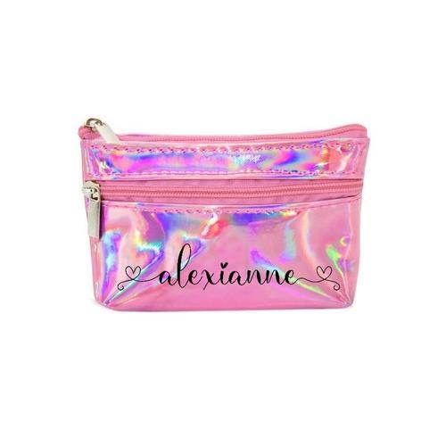 Porte monnaie holographique rose pochette prenom double coeur on Productcaster.