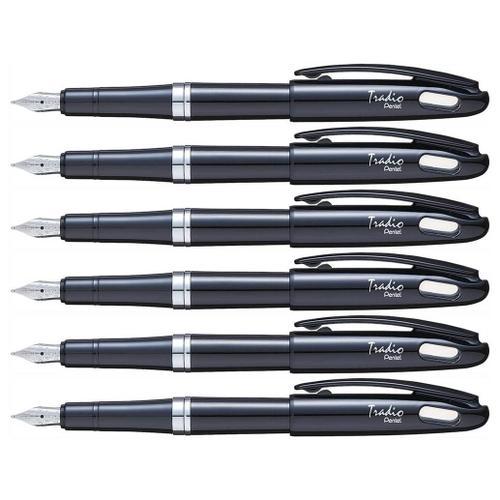 Pentel Lot De 6 Stylos Plume Tradio Corps Vernis Noir Encre Bleue on Productcaster.