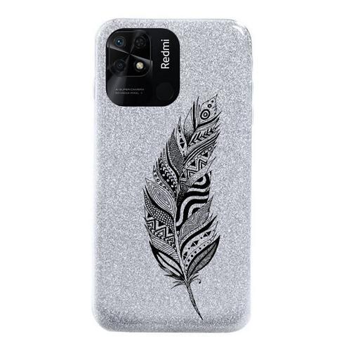 Coque Redmi 10c Paillettes Argent Plumes Noir on Productcaster.