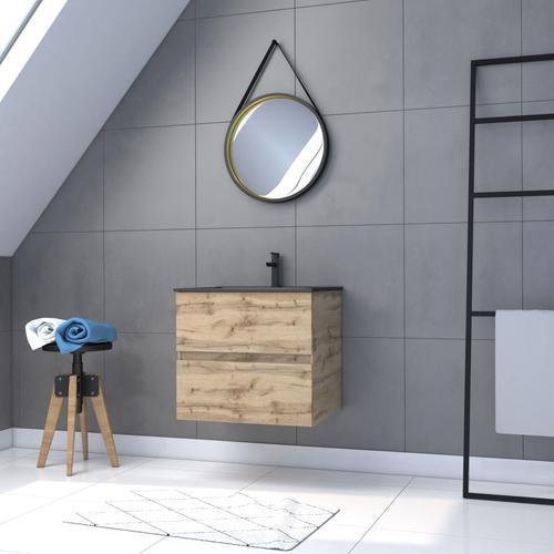 Meuble Salle De Bain 60x54 -Finition Chene Naturel + Vasque Noire +... on Productcaster.