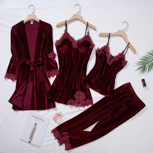 Pyjama En Velours Bordeaux Imbibé Pour Femme,Robe Kimono,Ensemble D... on Productcaster.