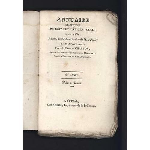 Annuaire Statistique Du Département Des Vosges Pour 1831 on Productcaster.