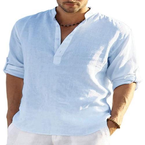 Mens Pure Color Lin Plage Chemise Coton Casual Loose Summer Shirt Top on Productcaster.