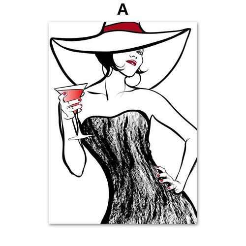 Toile D'art Mural Pour Femmes, Chapeau, Verre De Vin, Amour, Affich... on Productcaster.