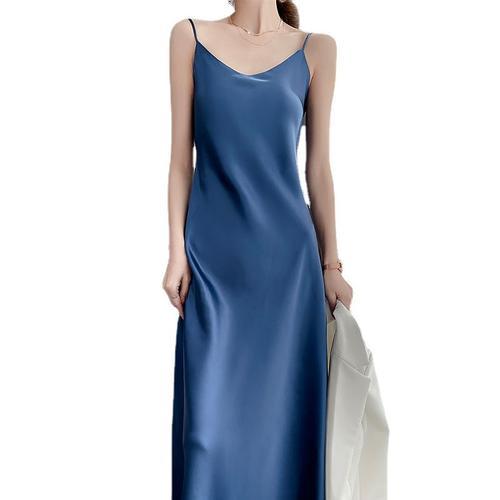 Femme - Col V Ample - Uni - Soie Soie - Maxi Slip Dress - Bleu on Productcaster.