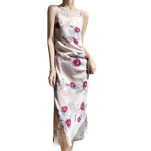 Femme - Satin De Soie - Col Baril - Robe Nuisette - Robe Maxi Impri... on Productcaster.