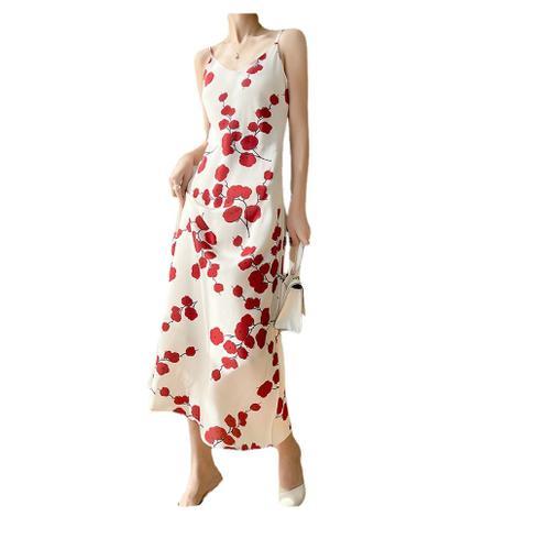 Femme - Satin De Soie - Col V - Robe Nuisette - Robe Maxi Imprimée ... on Productcaster.