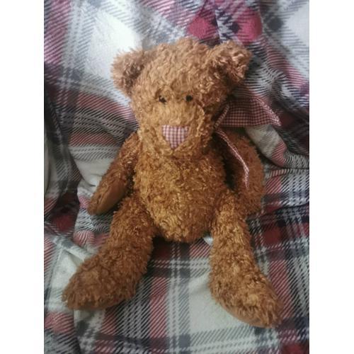 Doudou Peluche Ours Chien Marron Bouclettes Nez Ruban Vichy Rouge B... on Productcaster.