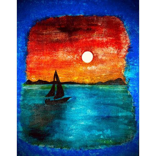 Vend Peinture Acrylique Tableau Couché De Soleil Sur Mer Avec Bat... on Productcaster.