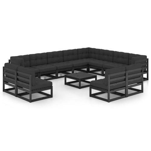 Vidaxl Salon De Jardin 14 Pcs Avec Coussins Noir Bois De Pin Massif on Productcaster.