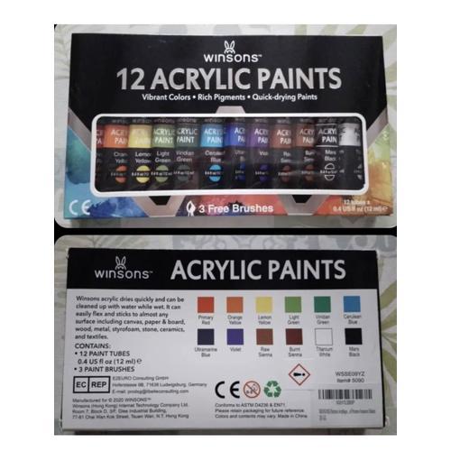 12 Tubes Peintures Winsons Acrylique + 3 Pinceaux on Productcaster.