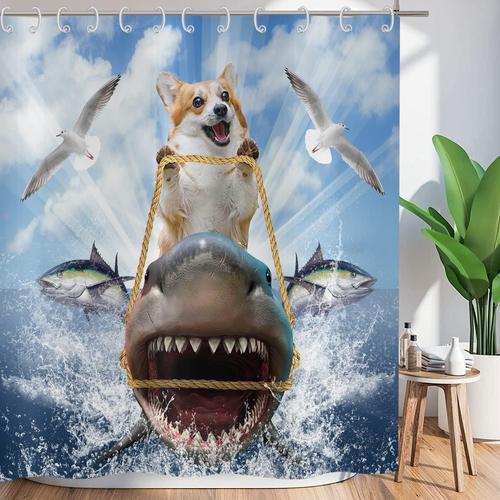 Rideau De Douche Funny Animal 180X200 Cm, Funny Dog Ride Shark Ocea... on Productcaster.