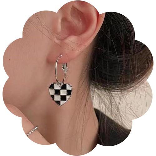 Boucles D'oreilles Cerceau À Damier Noir Blanc Boucles D'oreilles C... on Productcaster.