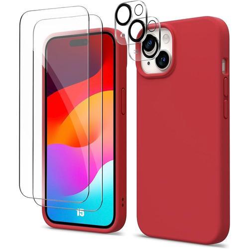 Coque Silicone Rouge Pour Iphone 15 Avec 2 Verres Trempés Et 2 Vitr... on Productcaster.