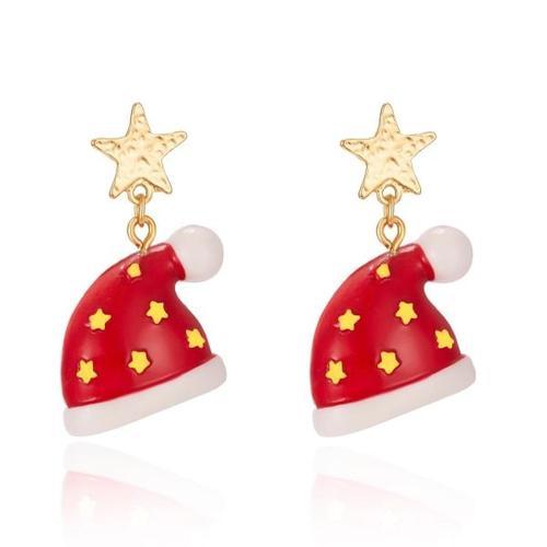 Boucles d'oreilles dorées Bonnet de Père Noël avec étoiles jaunes R... on Productcaster.