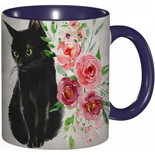 Tasse A Cafe Imprime Chat Noir Et Fleur Aquarelle, Tasse Coloree Po... on Productcaster.