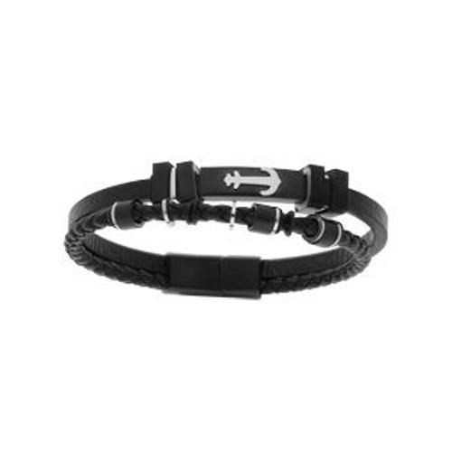 Bracelet Acier Et Cuir 2 Rangs Tresse Noire Et Pvd Noir Motif Ancre... on Productcaster.