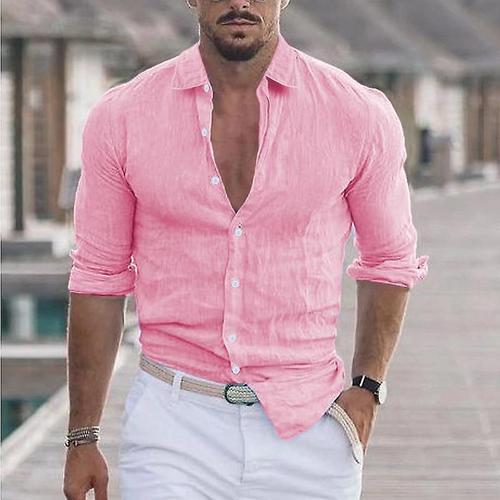 Chemise De Plage À Revers En Coton Et Lin Pour Hommes Rose Xxl on Productcaster.