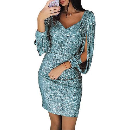 Femmes paillettes paillettes gland manches Mini robe moulante col e... on Productcaster.