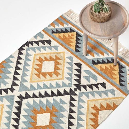 Tapis Kilim En Laine À Motif Géométrique Jaune - Agra - 120 X 170 Cm on Productcaster.