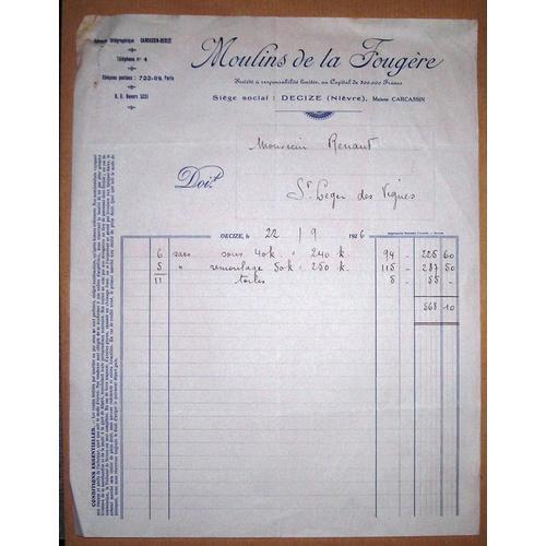 Facture De 1926 Moulin De La Fougère Siège Social Decize (Nièvre) on Productcaster.