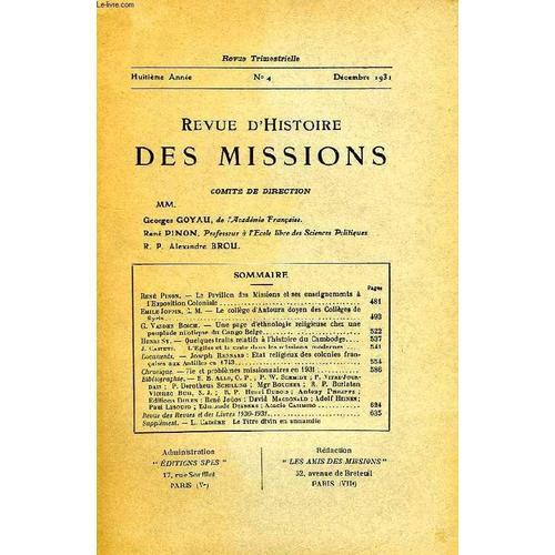 Revue D'histoire Des Missions, 8e Annee, N° 4, Dec. 1931 on Productcaster.