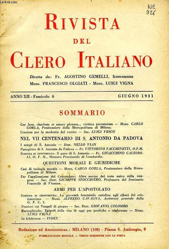 Rivista Del Clero Italiano, Anno Xii, Fasc. 6, Giugno 1931 on Productcaster.