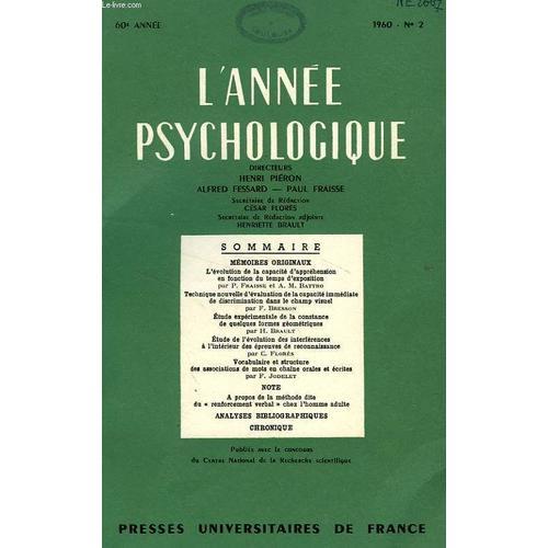 L'annee Psychologique, 60e Annee, Fasc. N° 2, 1960 on Productcaster.