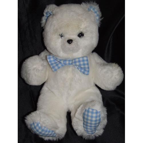 Ours Blanchet Doudou Peluche Blanc Vichy Bleu 28 Cm on Productcaster.