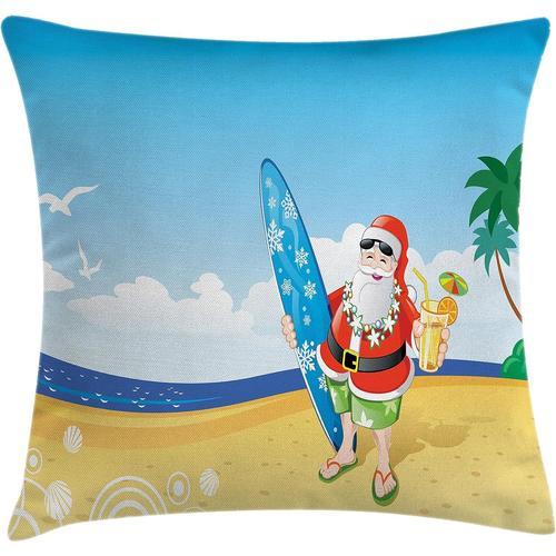 Housse De Coussin De Noël, Père Noël Sur La Plage, Planche De Surf,... on Productcaster.