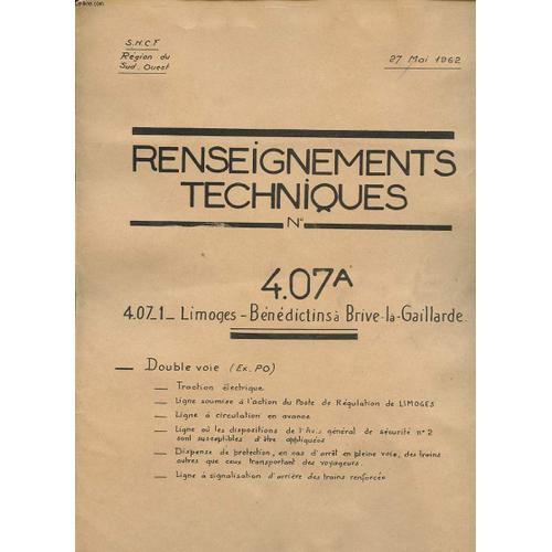 Renseignement Techniques N° 4.07a : Limoges Benedictins A Brive La ... on Productcaster.