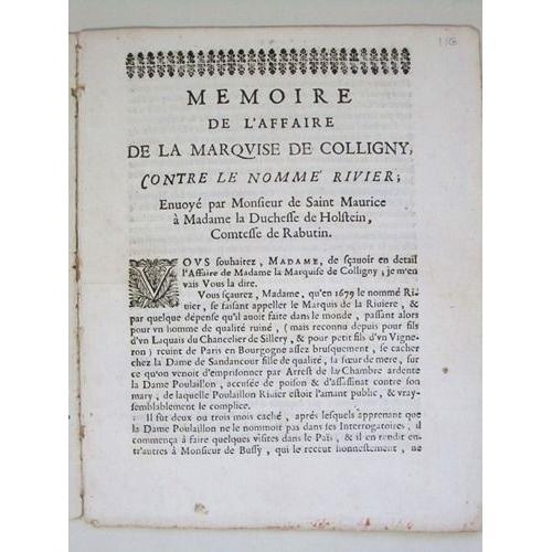 Mémoire De L'affaire De La Marquise De Colligny, Contre Le Nommé Ri... on Productcaster.