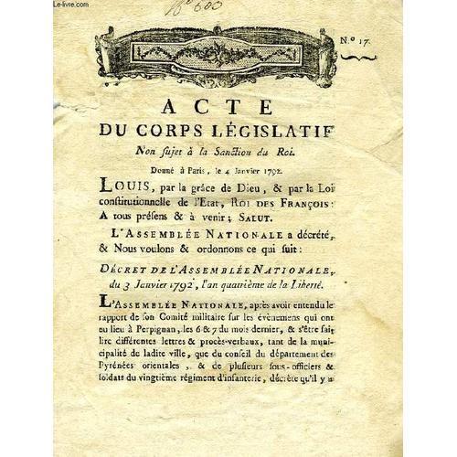 Acte Du Corps Legislatif, N° 17, Non Sujet A La Sanction Du Roi, Do... on Productcaster.